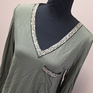7th Ray Olive Top with Sequin Trim